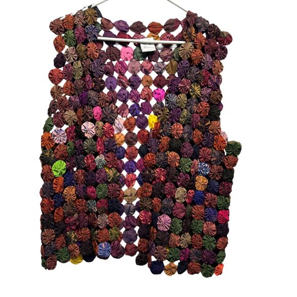 Handmade Yo-Yo Patchwork Silk Vest π Vintage Boho Festival Top β 100% Silk - Picture 1 of 7